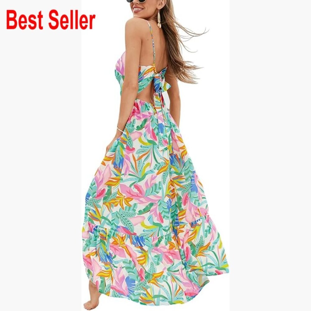 Maxi Dress with V-Neck, Sleeveless, Self Tie Back, 100% Rayon
